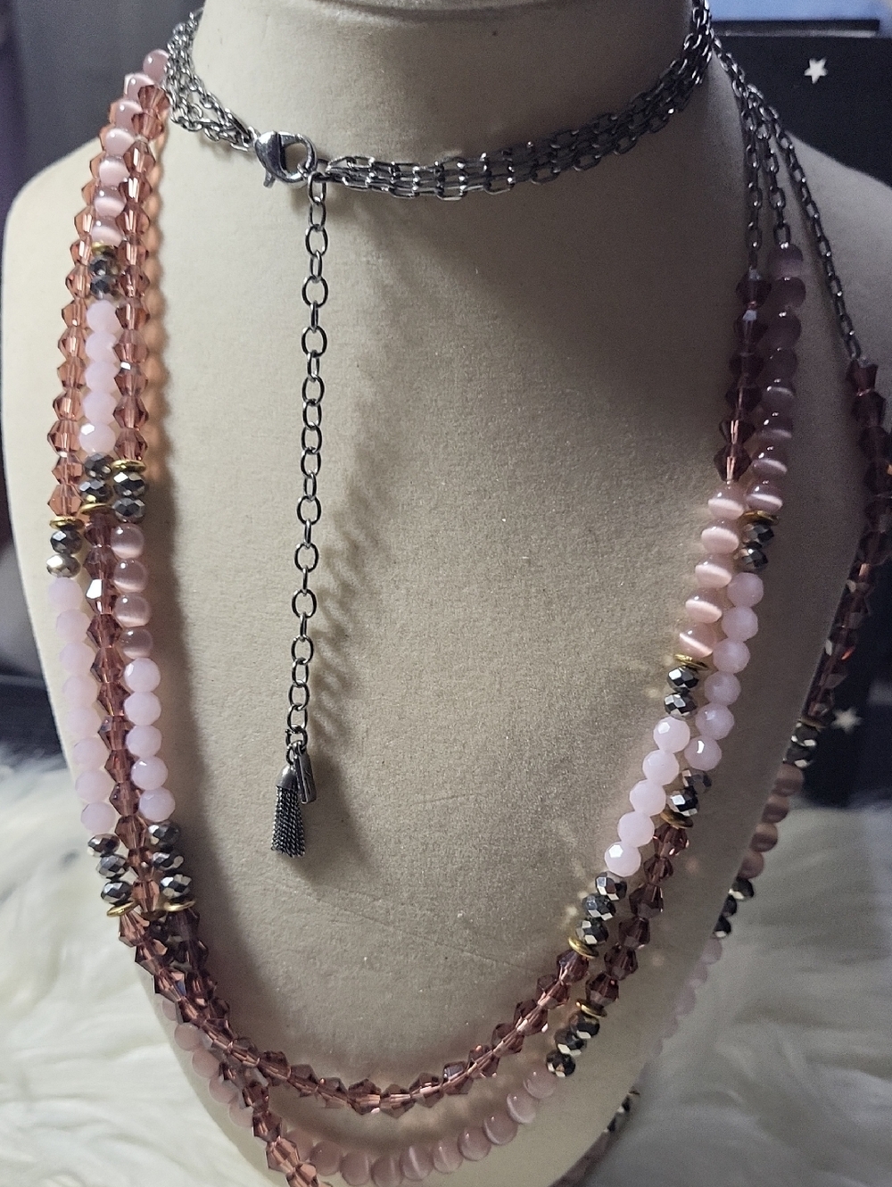 Long Multi-Strand Pink Cats Eye and Purple Glass Beaded Necklace - Women Jewelry